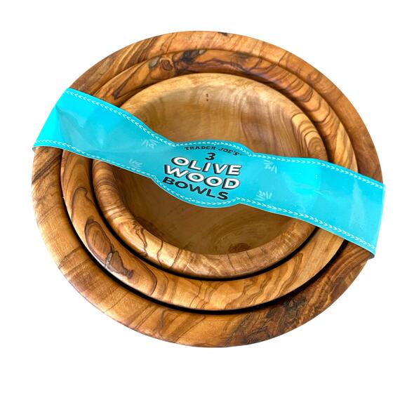 Trader Joe’s Solid Olive Wood Bowls Set of 3 Small to Medium Stacking Bowls - Picture 1 of 9